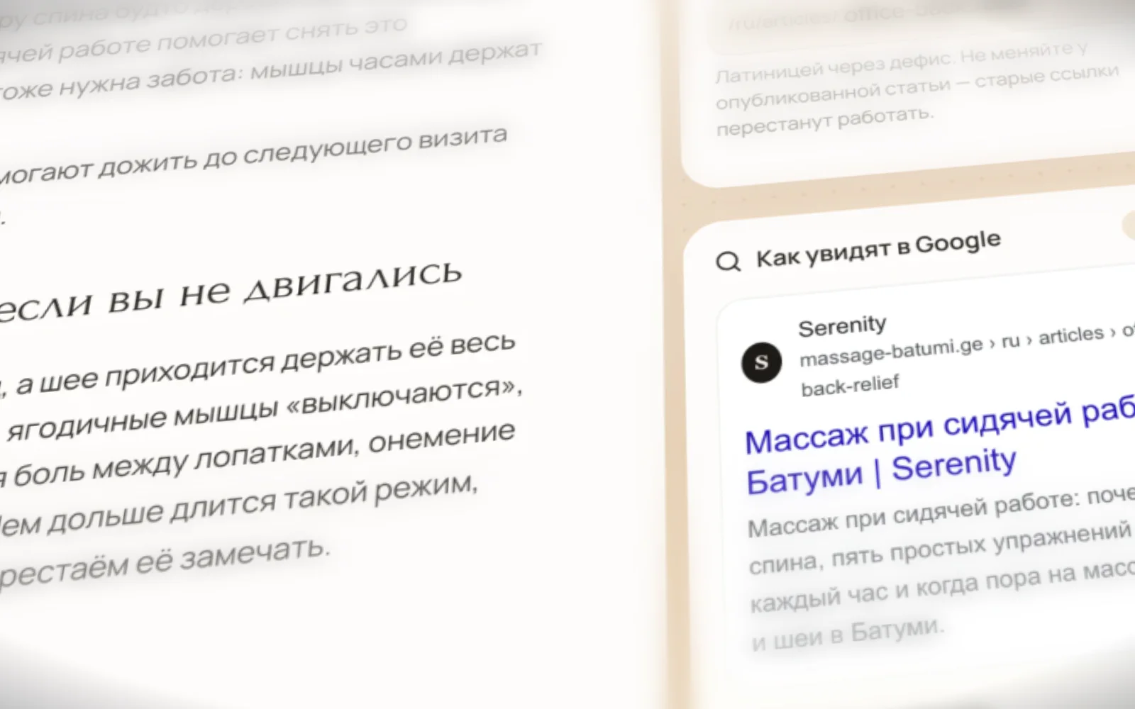 SEO hints in the Serenity admin panel: a preview of how an article will appear in Google, with character counts for title and description
