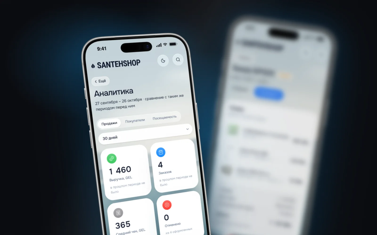 Sales analytics and an order card in the store admin on a phone